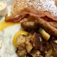 Big Breakfast · Two pancakes or French toast, two eggs, two bacon, two sausages, homefries and toast.