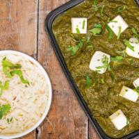 Saag Paneer · Gluten Free. Cooked and seasoned spinach with cubes of handmade indian cheese