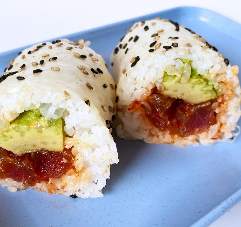 Spicy Tuna Avocado Hand Roll · Spicy tuna, avocado, sushi rice, soy paper. Two pieces.
