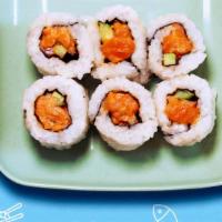Spicy Salmon Cucumber Roll · Spicy salmon, cucumber, sushi rice, nori.