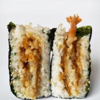 Shrimp Tempura Onigiri · Shrimp tempura, sweet soy sauce, furikake, white rice, nori.