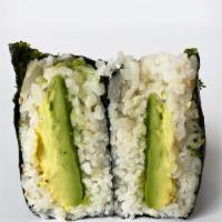 Avocado Onigiri · Avocado, vegan furikake, white rice, nori.