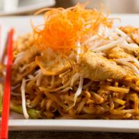 Crispy Chicken Pad Thai Noodles (Lunch) · Our delicious pad Thai, topped with sliced crispy chicken.
