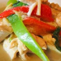 Green Curry (Lunch) · Hot and Spicy. Bamboo shoots, carrots, string beans, green peas, snow peas, eggplants, bell ...