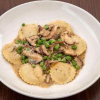 Porcini Mushroom Ravioli · mushrooms, peas, shallot marsala butter, grana padano