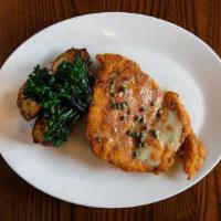 Chicken Scallopini · chicken herbed breadcrumbs, lemon vinaigrette, roasted garlic potatoes, broccolini