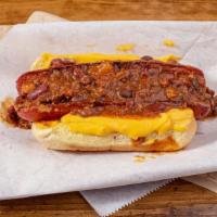 Chili Cheese Dog · Sausage served on a bun and topped with chili.