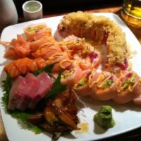 Ichiban Special Roll · Big roll. Tuna, salmon, yellowtail, shrimp tempura, tobiko and avocado in soybean sheet.