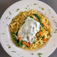 Chicken Rapini · Boneless chicken breast sautéed with broccoli robe and fresh tomatoes, topped with mozzarell...