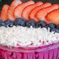 Berry Dragon Bowl · Dragon Fruit, Mango, Pineapple 
Toppings: Strawberries, Blueberries, Coconut