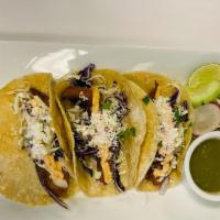 3 Tacos Fish · Each.  tacos with fresh  chopped onions, diced cilantro, fresh lime topped with queso fresco...