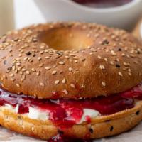 Toasted Bagel With Cream Cheese And Jelly · Toasted bagel of customers choice on cream cheese and jelly.