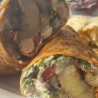 Greek Style Wrap · Portabella mushroom, roasted red peppers, eggplant, chickpeas, feta cheese, diced tomato, an...