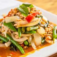 Kai-Ka Prao · Stir-fried ground chicken, string beans, onion, peppers, and basil leaves in Thai hot basil ...