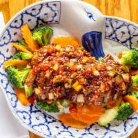Chilli Duck · Hot and spicy. Roasted duck, stir-fried with broccoli, carrots, zucchini,  onions, and assor...