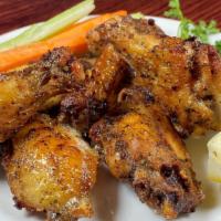Simply Roasted Wings (6) · olive oil, herbs & spices and carrot/celery sticks