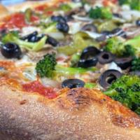 Vegetarian Pizza · broccoli, mushrooms, onions, roasted peppers, & black olives