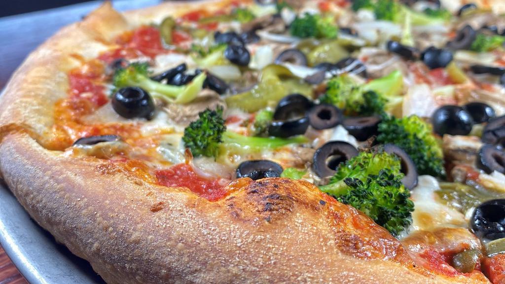 Vegetarian Pizza · broccoli, mushrooms, onions, roasted peppers, & black olives