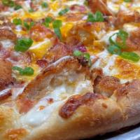 Chicken Bacon Ranch Pizza · chicken cutlet, bacon, cheddar & mozzarella blend, chopped scallions, hidden valley ranch
