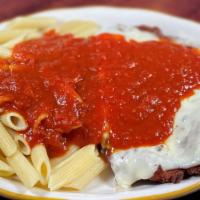 Chicken Parmigiana W/ Pasta · mozzarella, tomato sauce, pasta