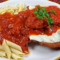Veal Cutlet Parmigiana W/ Pasta · mozzarella, tomato sauce, pasta