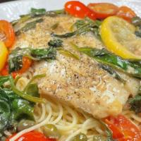 Haddock Piccata · sautéed with fresh spinach, roasted grape tomatoes, lemon caper sauce, over angel hair