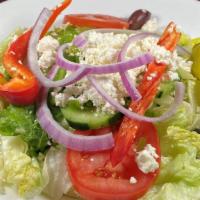 Greek Salad Entrée  · iceberg & romaine lettuce, red onions, vine ripe tomatoes, cucumbers, red & green peppers, p...