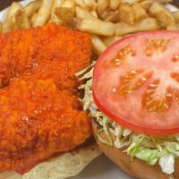 Buffalo Chicken Sandwich · served on a bed of lettuce with blue cheese dressing