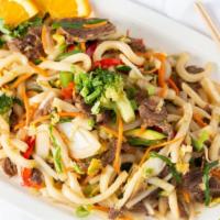 Yaki Udon · Served with miso soup thick noodles stir fried with vegetables.