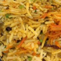 Vegetable Biryani  · Fresh vegetables cooked with basmati rice and garnished with cilantro, mint and fried onion.