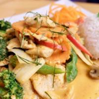 Thai Curry · Gluten free & spicy. All curry dishes come w/ fresh assorted vegetables & white jasmine rice.