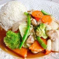 Stir-Fried Vegetables · Fresh & seasonal assorted vegetables served w/ white jasmine rice.