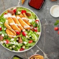 Crunch O'Cluck Salad · Fresh iceberg lettuce, tomatoes, onion, green peppers, black and green olives and cheese wit...