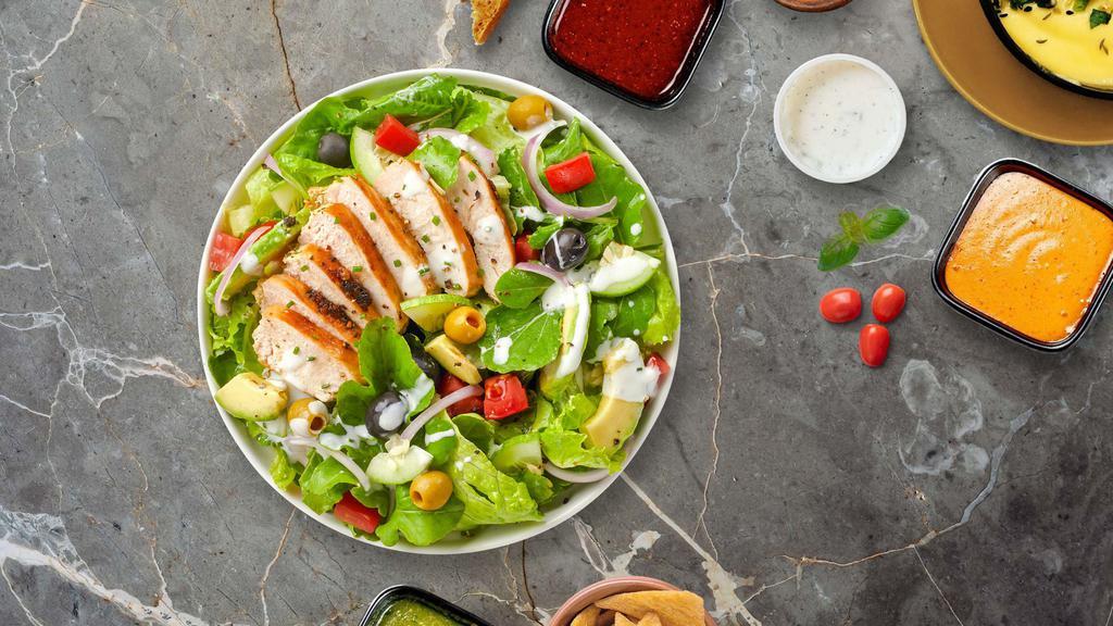 Thrill Of The Grill Chicken Salad · Fresh iceberg lettuce, tomatoes, onion, green peppers, black and green olives and cheese with grilled chicken. Topped with parmesan cheese.