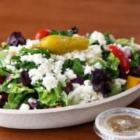 Greek Salad (Large) · Homemade Greek dressing with field greens, Kalamata olives, Feta cheese, cherry tomatoes, pe...