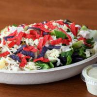 Fiesta Salad (Large) · All white-meat chicken or ground beef, Cabot Pepper Jack cheese, tortilla strips, onions, pe...