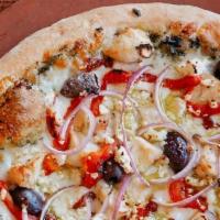 Chicken Pesto · Pesto sauce, mozzarella, grilled chicken breast, sun-dried tomatoes, roasted red peppers, re...