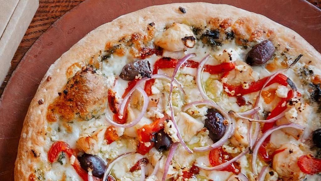 Chicken Pesto · Pesto sauce, mozzarella, grilled chicken breast, sun-dried tomatoes, roasted red peppers, red onions, kalamata olives and feta.