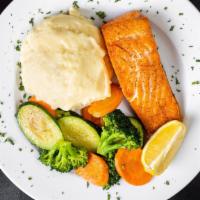 Seared Salmon · Atlantic Salmon, mashed potatoes, veggies.