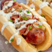 Hot Diggity Dog · Beef hot dog, bacon, jalapenos, and ranch.