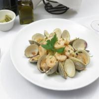 Clams & Shrimp, Scampi · Sautéed clams, rock shrimp, garlic, EVOO, crushed red pepper, white wine, over linguini.