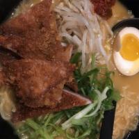 Spicy Katsu Ramen · Egg noodle, house deep-fried tonkatsu (pork cutlet), egg, scallions, and bean sprouts with o...