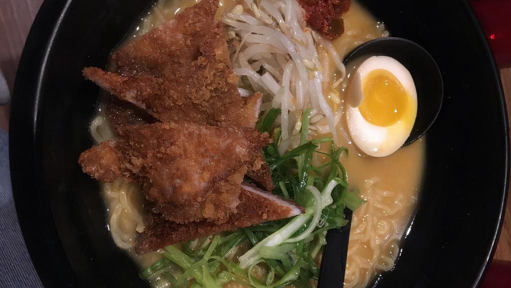 Spicy Katsu Ramen · Egg noodle, house deep-fried tonkatsu (pork cutlet), egg, scallions, and bean sprouts with our signature spicy paste.