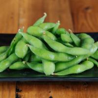 Edamame · Boiled green soy beans with sea salt.