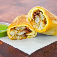 Bacon, Egg & Cheddar Breakfast Burrito · 3 fresh cracked, cage-free scrambled eggs, melted Cheddar cheese, smokey bacon, and crispy p...