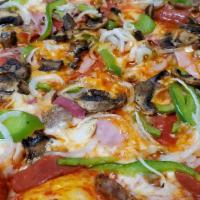 Nino'S Special Pizza · Pepperoni, sausage, salami, ham, onions, peppers, mushrooms.