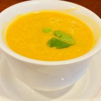 Lentil Soup · Delicious soup made with lentil, fresh vegetable, herb, and mild spices.