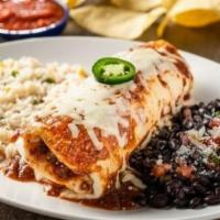 Classic Beef Burrito · Seasoned ground beef, pico de gallo and cheese rolled in a flour tortilla smothered with chi...