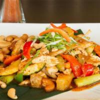 Chicken Cashew · Spicy. Chicken sautéed with pineapple, bell peppers, onion, mushrooms, snow peas, scallion, ...