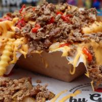 Loaded Cheese Steak Fries · Fries covered with cheese steak, onions, peppers, cheese sauce, ketchup & mayo.